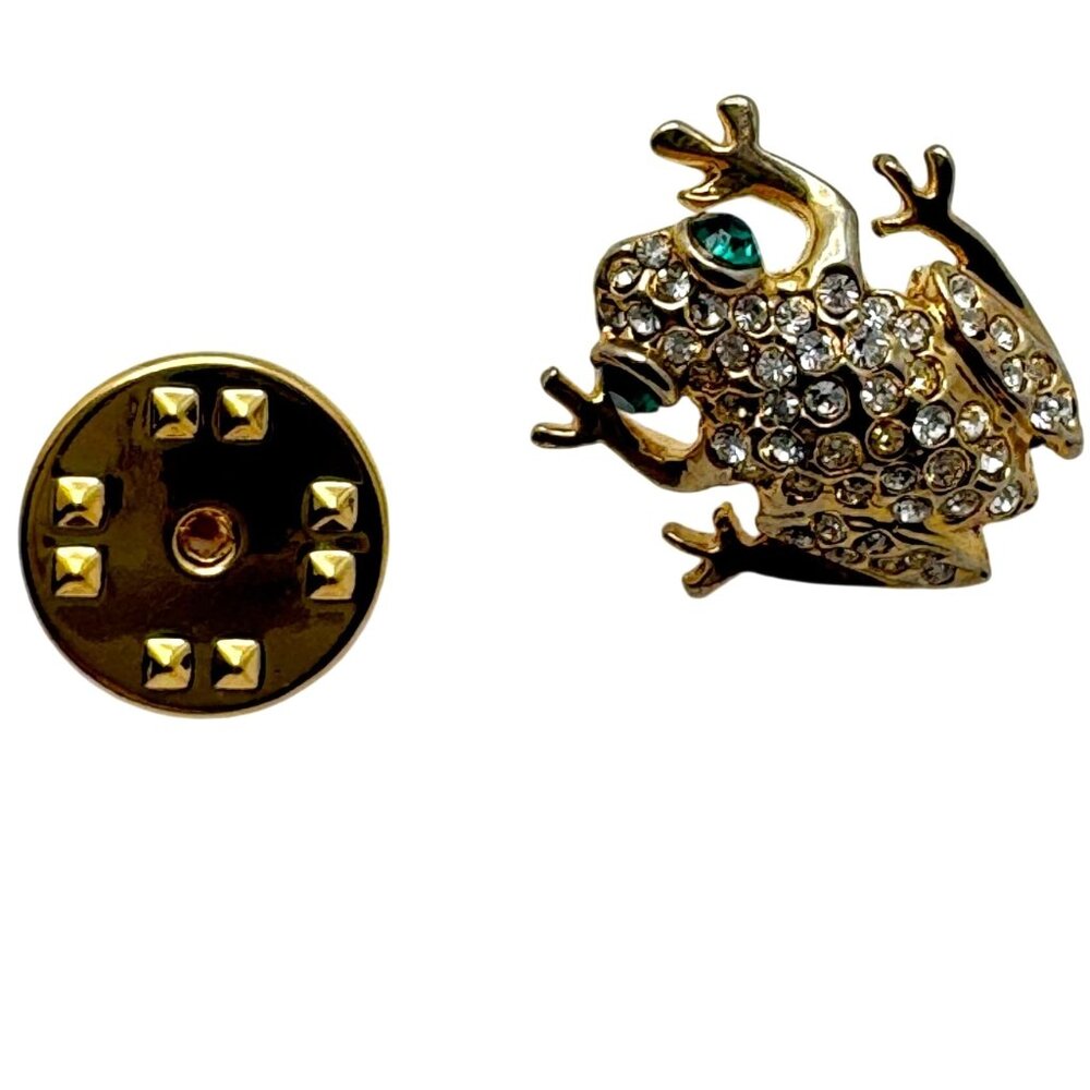 Gold-Tone Frog Lapel Pin Crystal Rhinestones & Green Eyes
